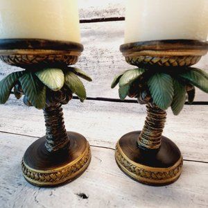 New Set Of 2 Palm Tree Candle Holders Tropical Beach Ocean Theme Home Decor
